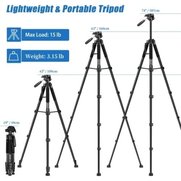 Tripod Camera Tripods, 74" Tripod for Camera Cell Phone Video Photography, Heavy - Image 2