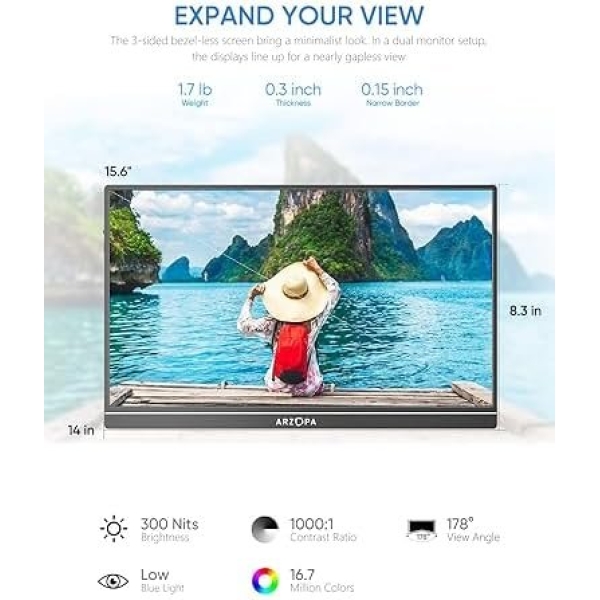 ARZOPA Portable Monitor, 15.6'' 1080P FHD Laptop Monitor USB C HDMI Computer - Image 2
