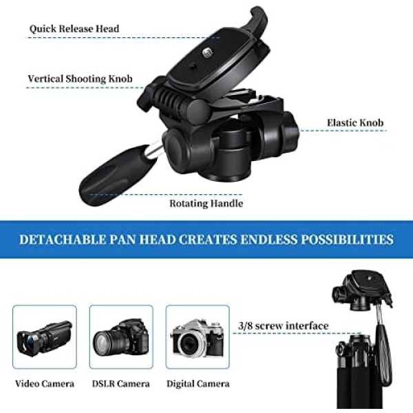 Tripod Camera Tripods, 74" Tripod for Camera Cell Phone Video Photography, Heavy - Image 6