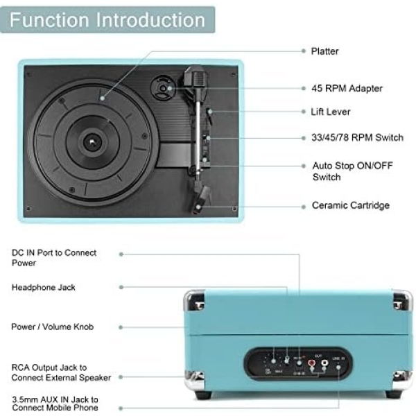 LP&No.1 Portable Suitcase Turntable with Stereo Speaker,3 Speeds Belt-Drive - Image 2