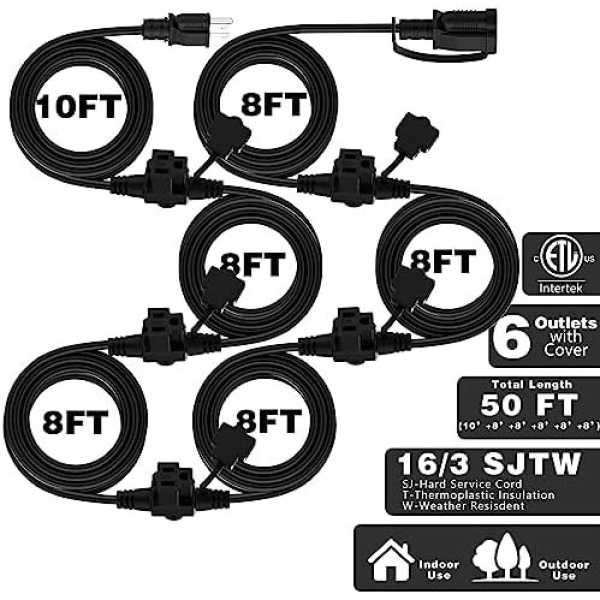 KASONIC Outdoor Extension Cord 50 FT, Evenly Spaced 6 Outlets Plugs, 16/3 SJTW - Image 2