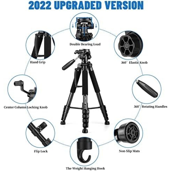 Tripod Camera Tripods, 74" Tripod for Camera Cell Phone Video Photography, Heavy - Image 3